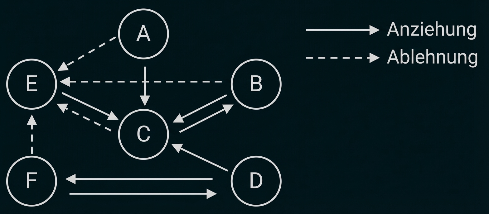 Diagramm mit Kreisen A–F und Pfeilen; durchgezogene Pfeile = Anziehung, gestrichelte = Ablehnung.